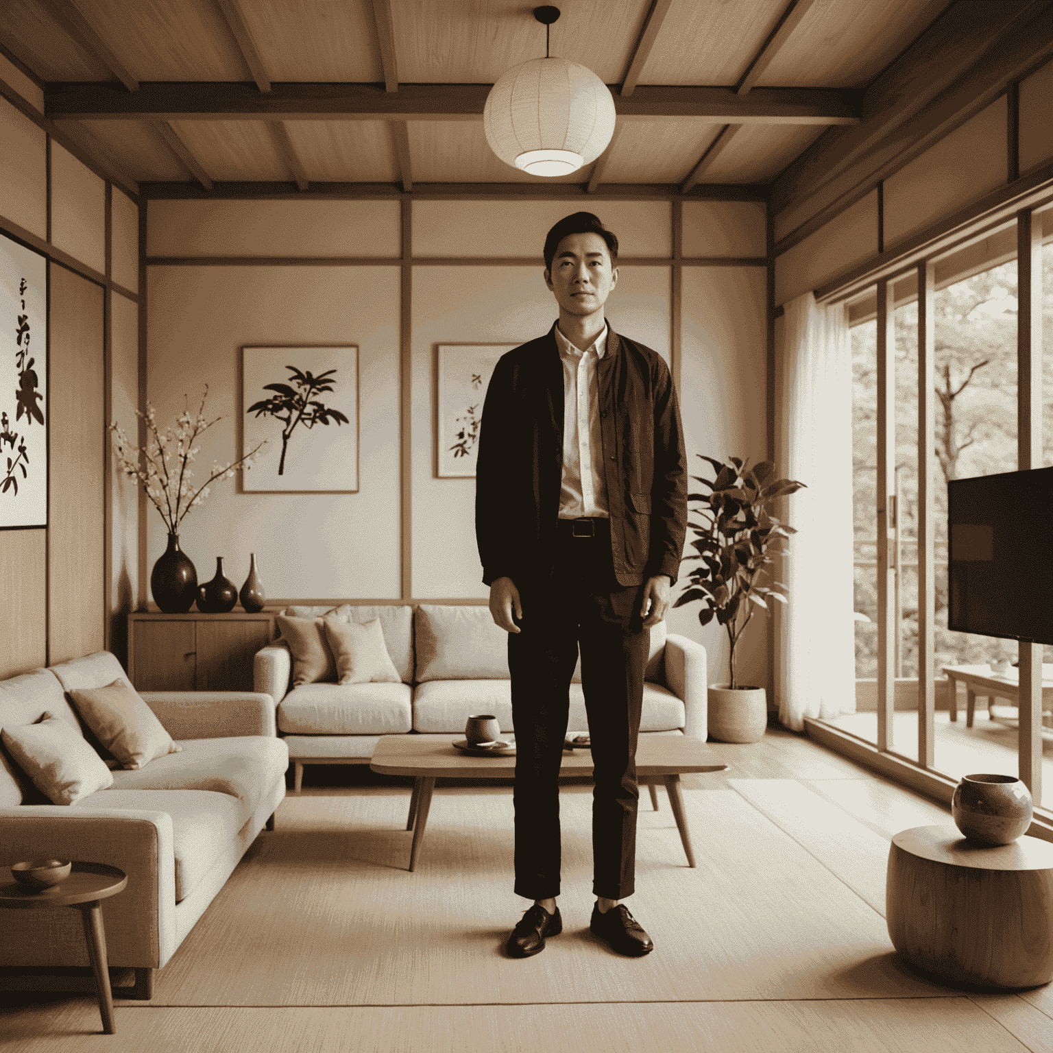 Yuki Tanaka, founder of HouseRai, standing in a minimalist Japanese-inspired living room with modern furnishings