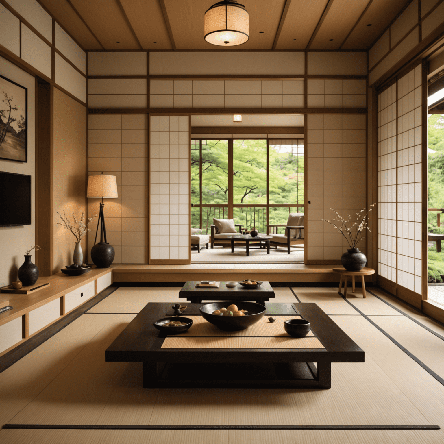 Elegant living room with a mix of traditional Japanese elements and modern furniture, featuring a low table, tatami mats, and minimalist decor