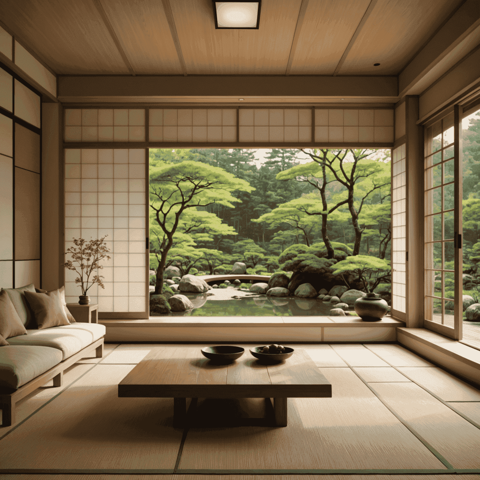 A serene Japanese-inspired living room with minimal furniture, natural materials, and a large window overlooking a zen garden