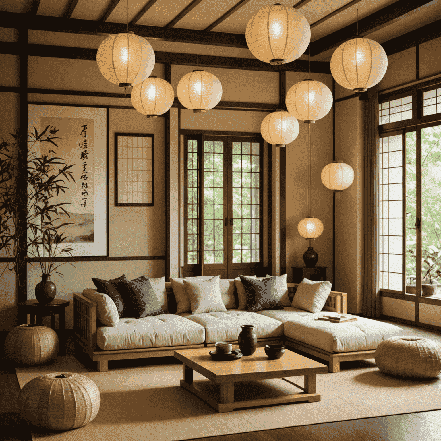 A serene Japanese-inspired living room with paper lanterns, bamboo accents, and a low table with zabuton cushions