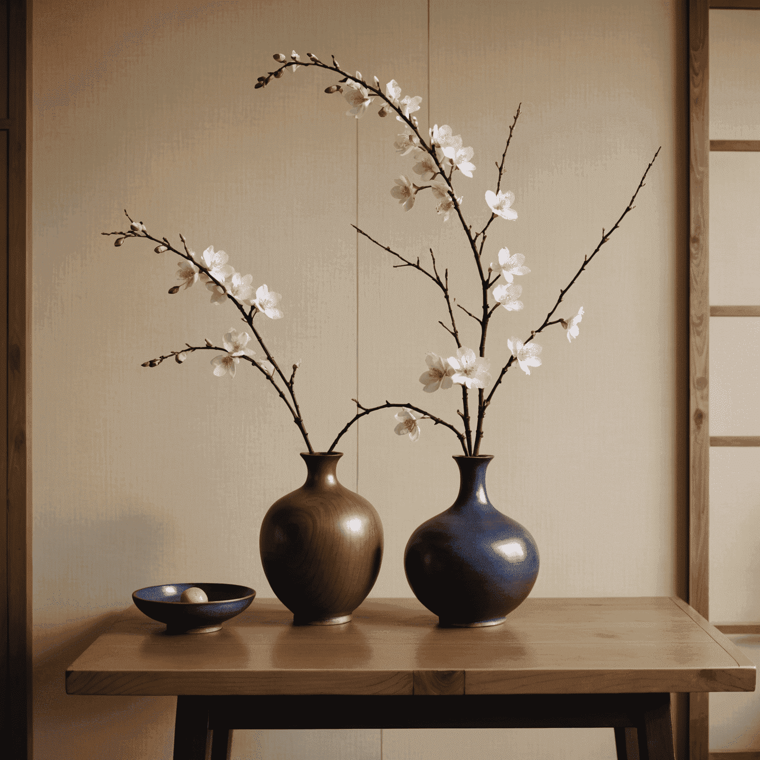 A beautiful Ikebana arrangement featuring a single branch of cherry blossom, a few irises, and a minimalist vase on a low wooden table in a traditional Japanese room