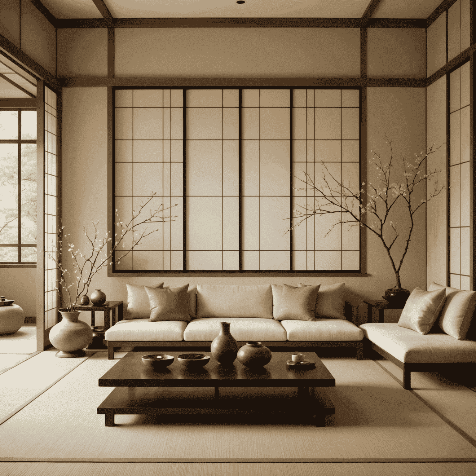 A serene Japanese-inspired living room with a neutral color palette, featuring shoji screens, low furniture, and a minimalist arrangement of ikebana