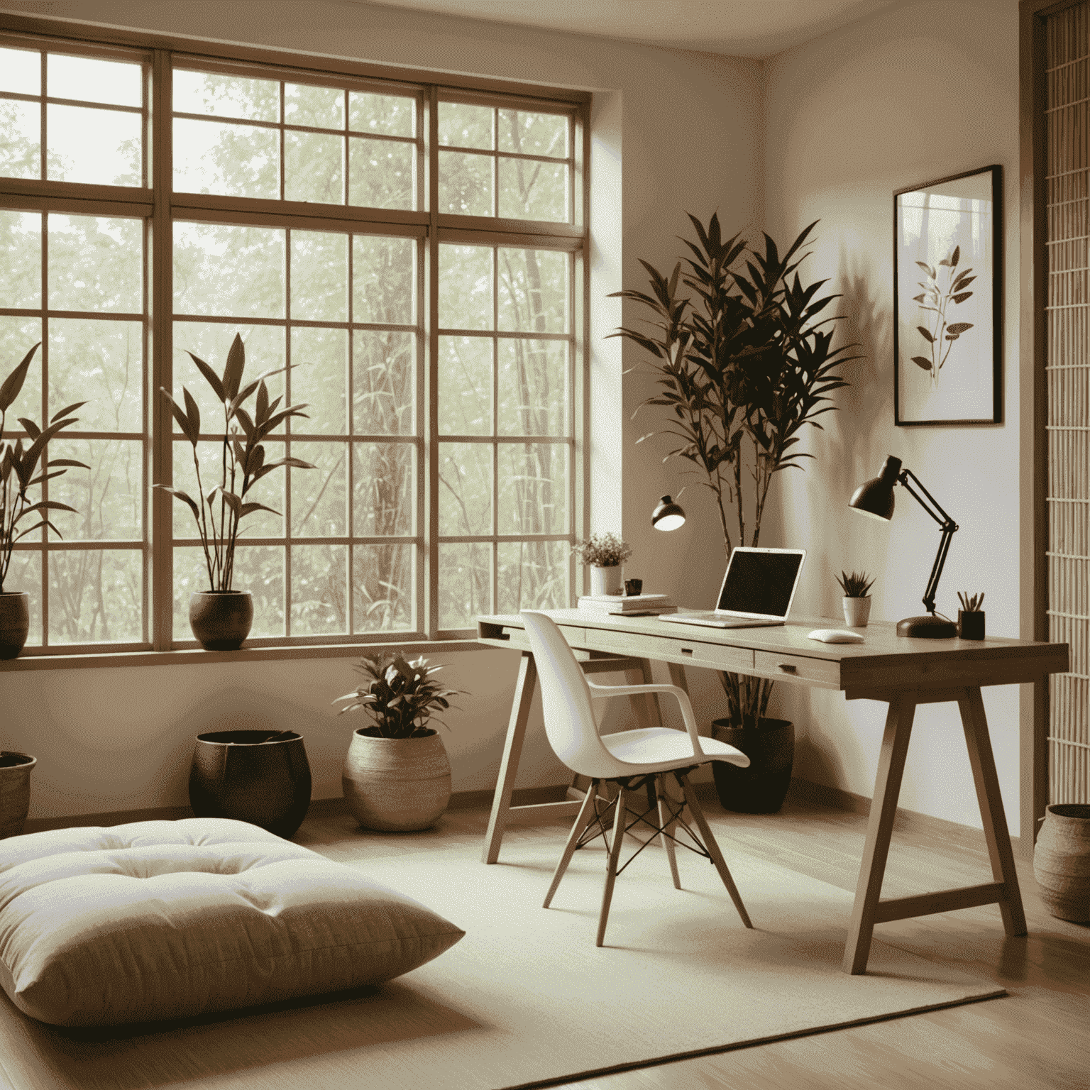 A serene home office with minimalist design, featuring a low wooden desk, a zabuton cushion, and a small indoor bamboo plant. Natural light floods in through shoji screens, creating a peaceful atmosphere.