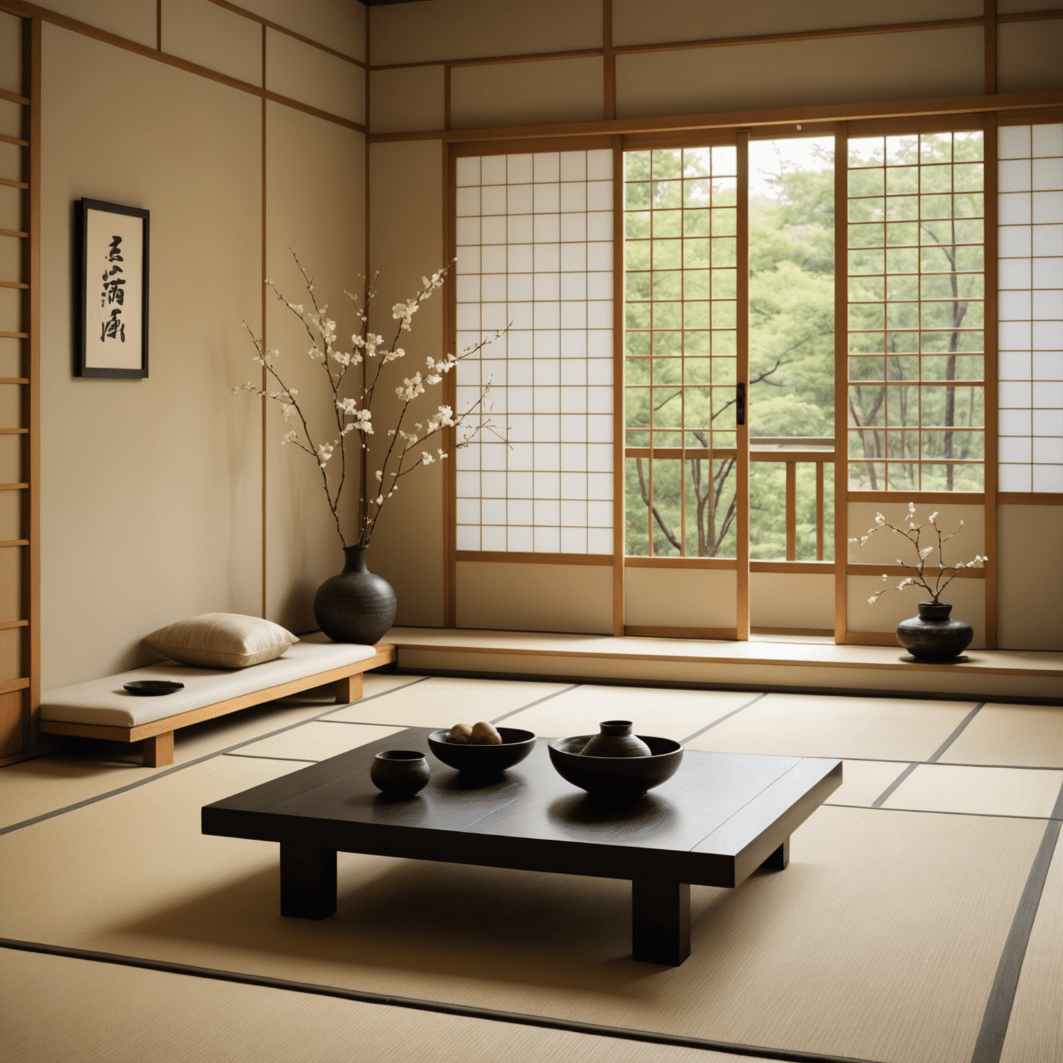 A serene Japanese living room with minimal furniture, neutral colors, and natural light streaming through shoji screens. A low table, zabuton cushions, and a single ikebana arrangement are visible.