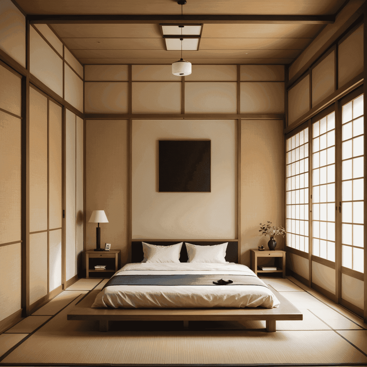 A minimalist Japanese-style bedroom with a low wooden bed, tatami mats, and shoji screens