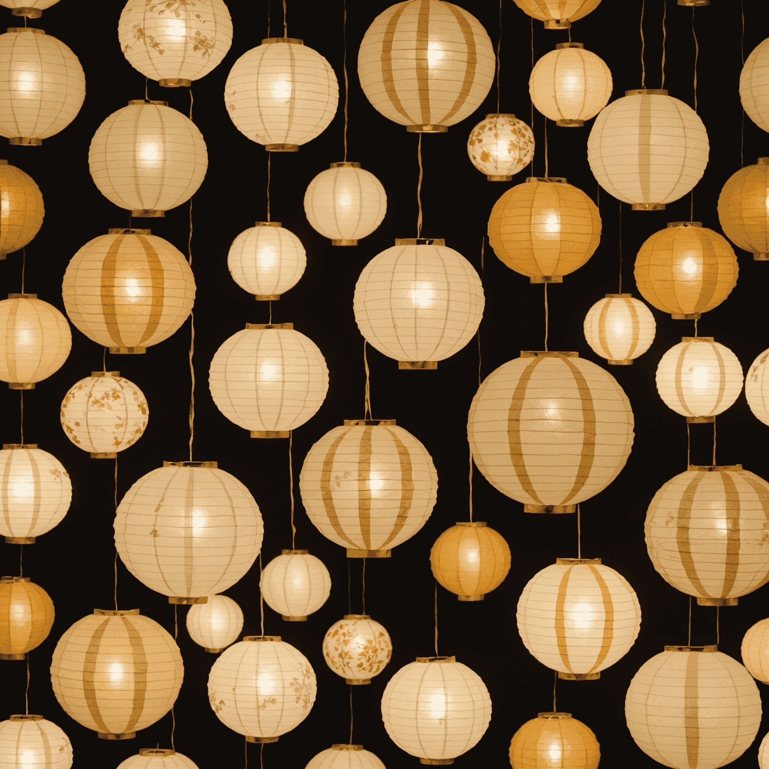 Handmade washi paper lanterns in various sizes and patterns, emitting a soft, warm light