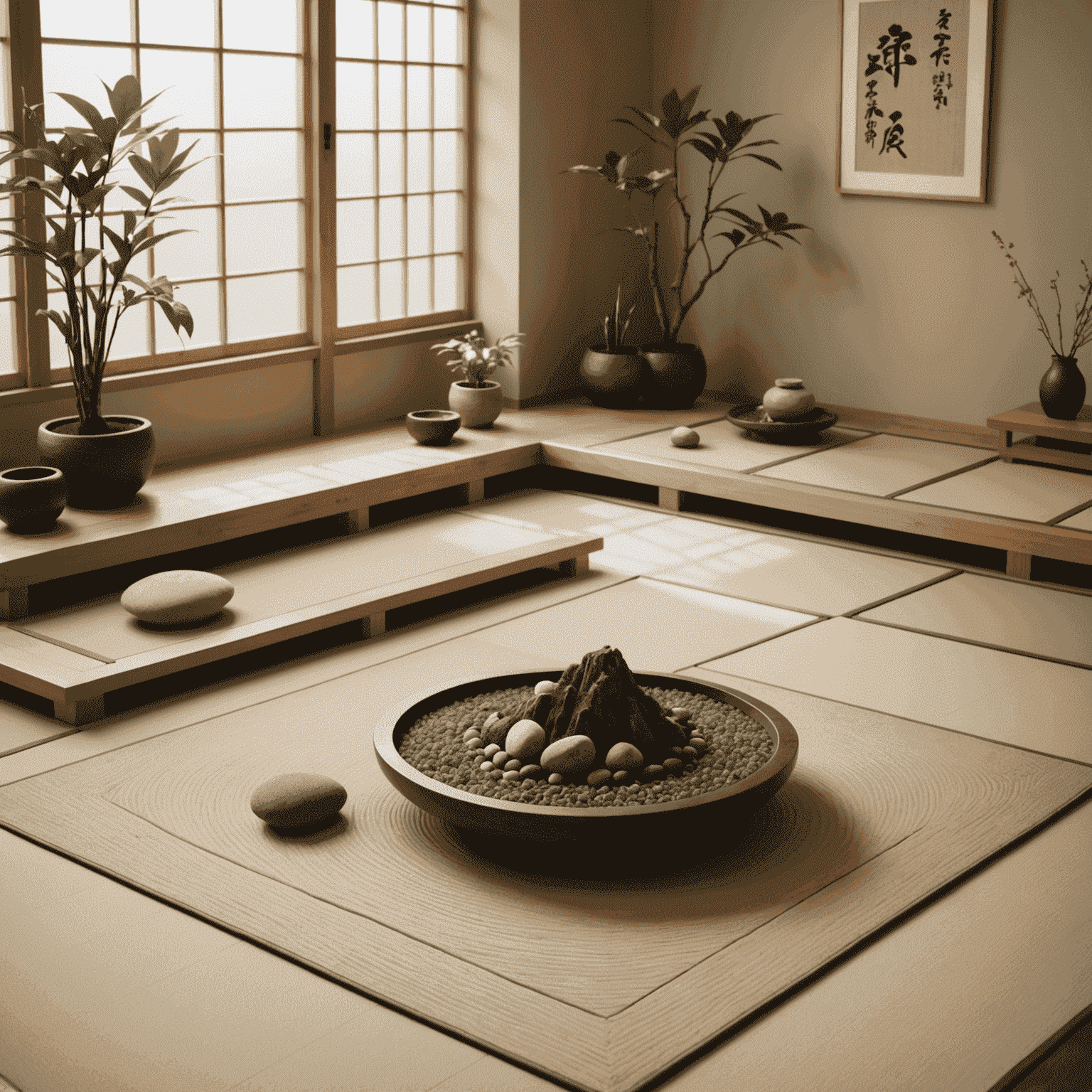 A living room decorated in Zen Garden palette colors, featuring a low sofa, tatami mats, and a miniature rock garden