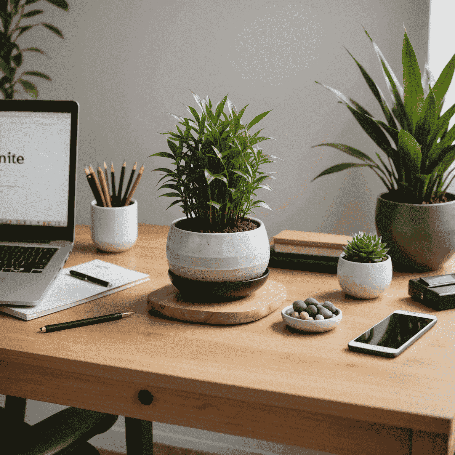 A close-up of a desk corner featuring a small rock garden, a bamboo plant in a ceramic pot, and a natural wood desk surface, exemplifying the incorporation of natural elements in a Zen-inspired home office.