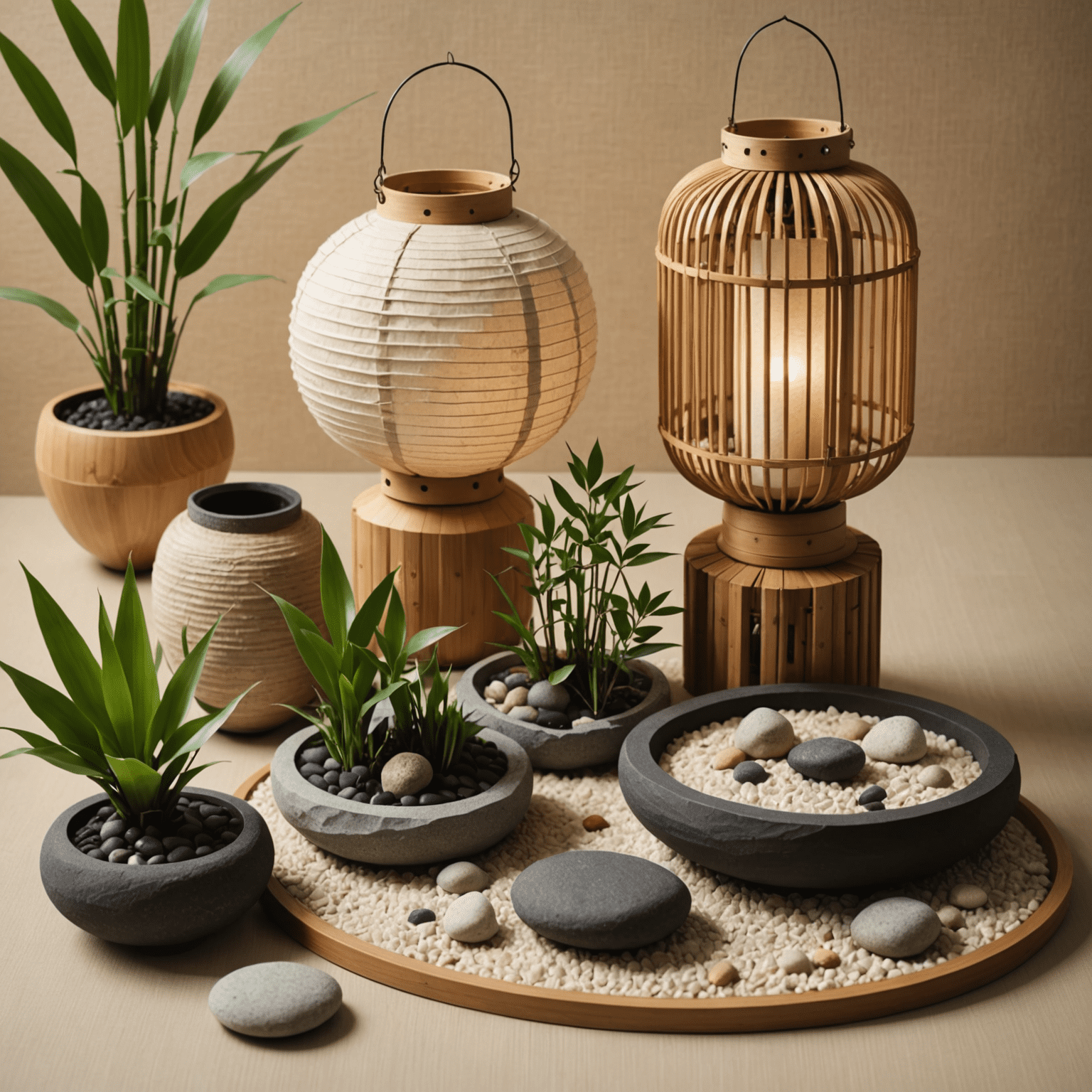 A collage of DIY Japanese-inspired decor items including a handmade paper lantern, bamboo plant holder, and a small zen garden with raked sand and stones.