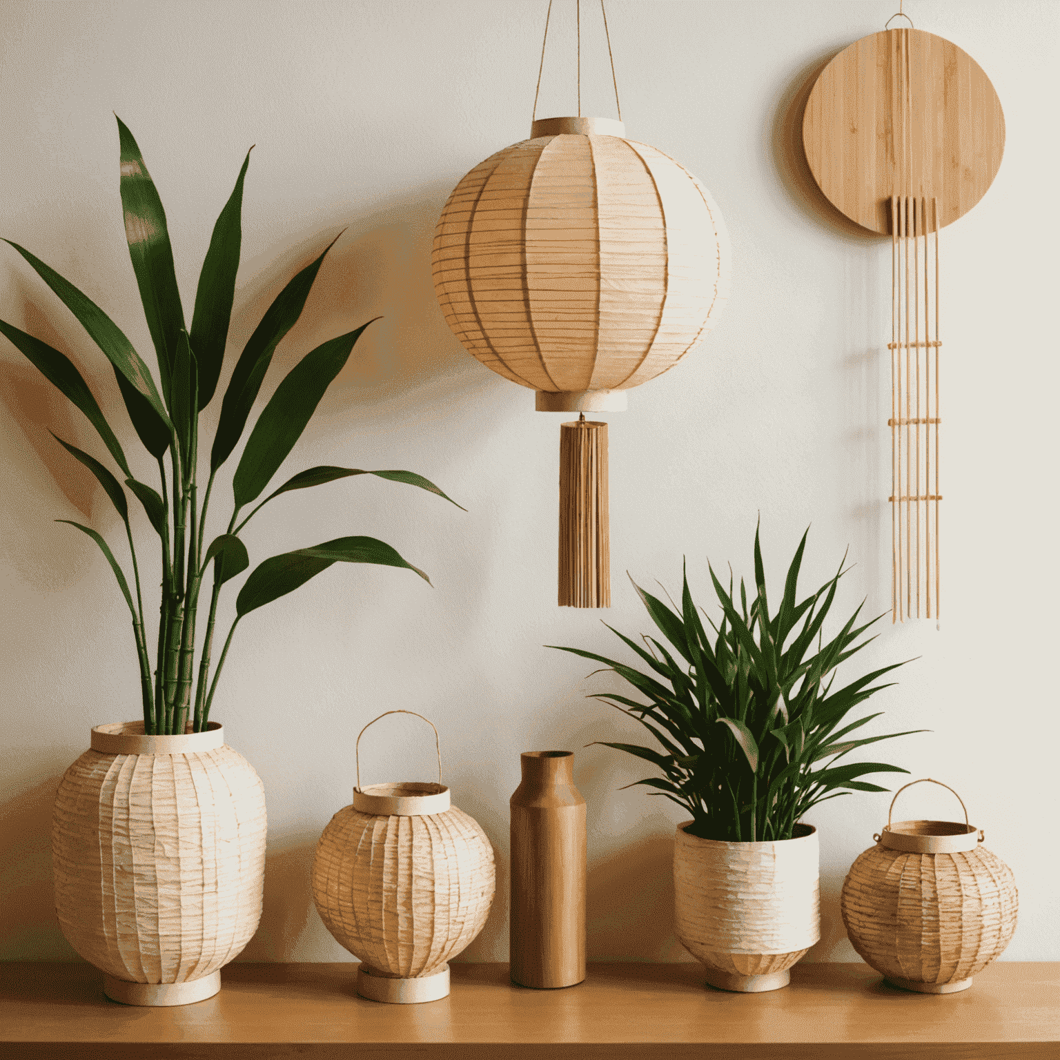 A collage of DIY Japanese-inspired home decor items including a handmade paper lantern, bamboo plant holder, and a minimalist wall hanging with calligraphy.