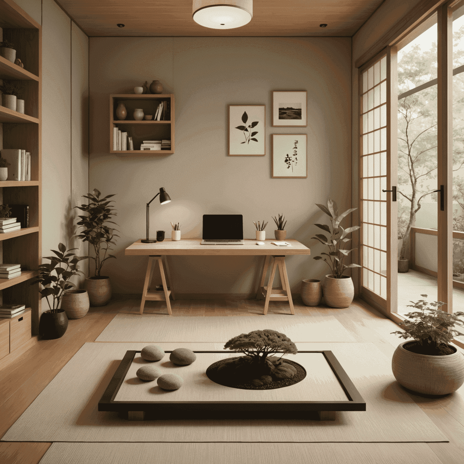 A minimalist Japanese-inspired home office with a low desk, floor cushion, and a small indoor zen garden