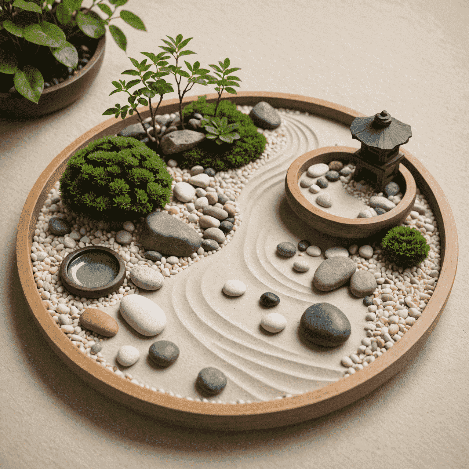 A beautifully arranged miniature Zen garden with fine white sand, carefully placed rocks, and a small wooden rake