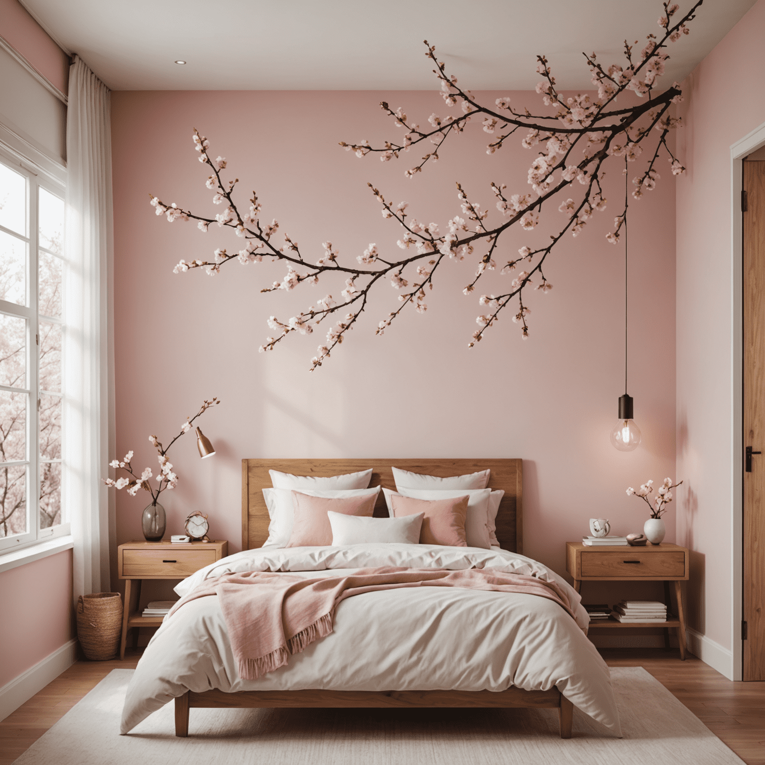 A bedroom with Cherry Blossom Dream palette, featuring pink accents, white walls, wooden furniture, and a painted cherry blossom branch