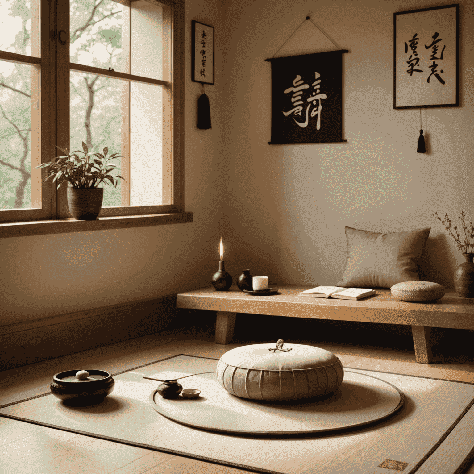 A cozy meditation corner in a home office, featuring a zafu cushion on a tatami mat, a small low table with a burning incense stick, and a calligraphy scroll on the wall, all bathed in soft, natural light.