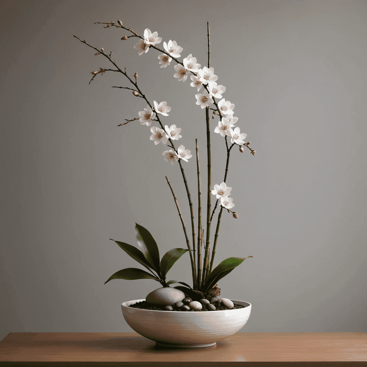 A beautiful ikebana flower arrangement featuring a minimalist composition of cherry blossoms, bamboo, and a single orchid in a low, wide ceramic vase.