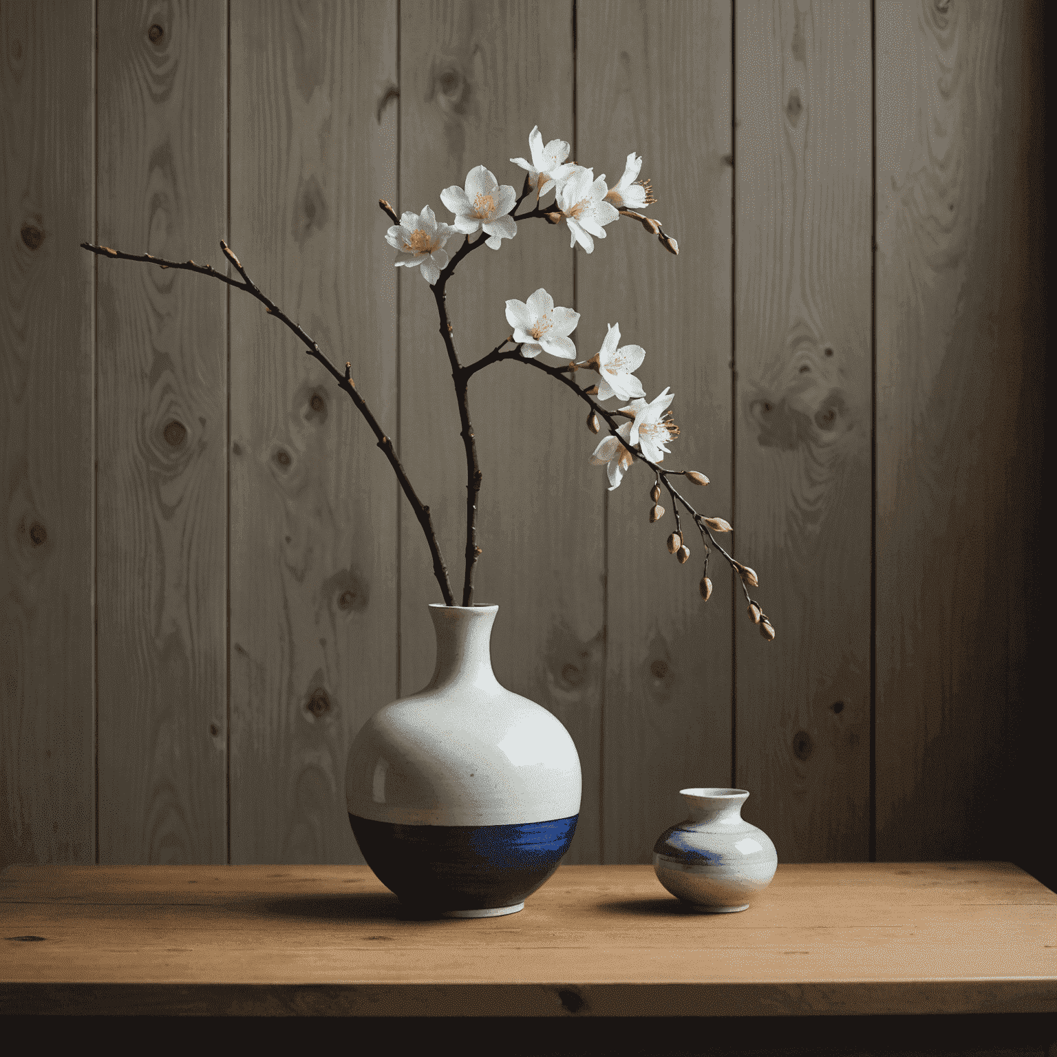 A stunning ikebana flower arrangement featuring a single branch of cherry blossom, a few carefully placed irises, and a minimalist ceramic vase on a wooden surface.