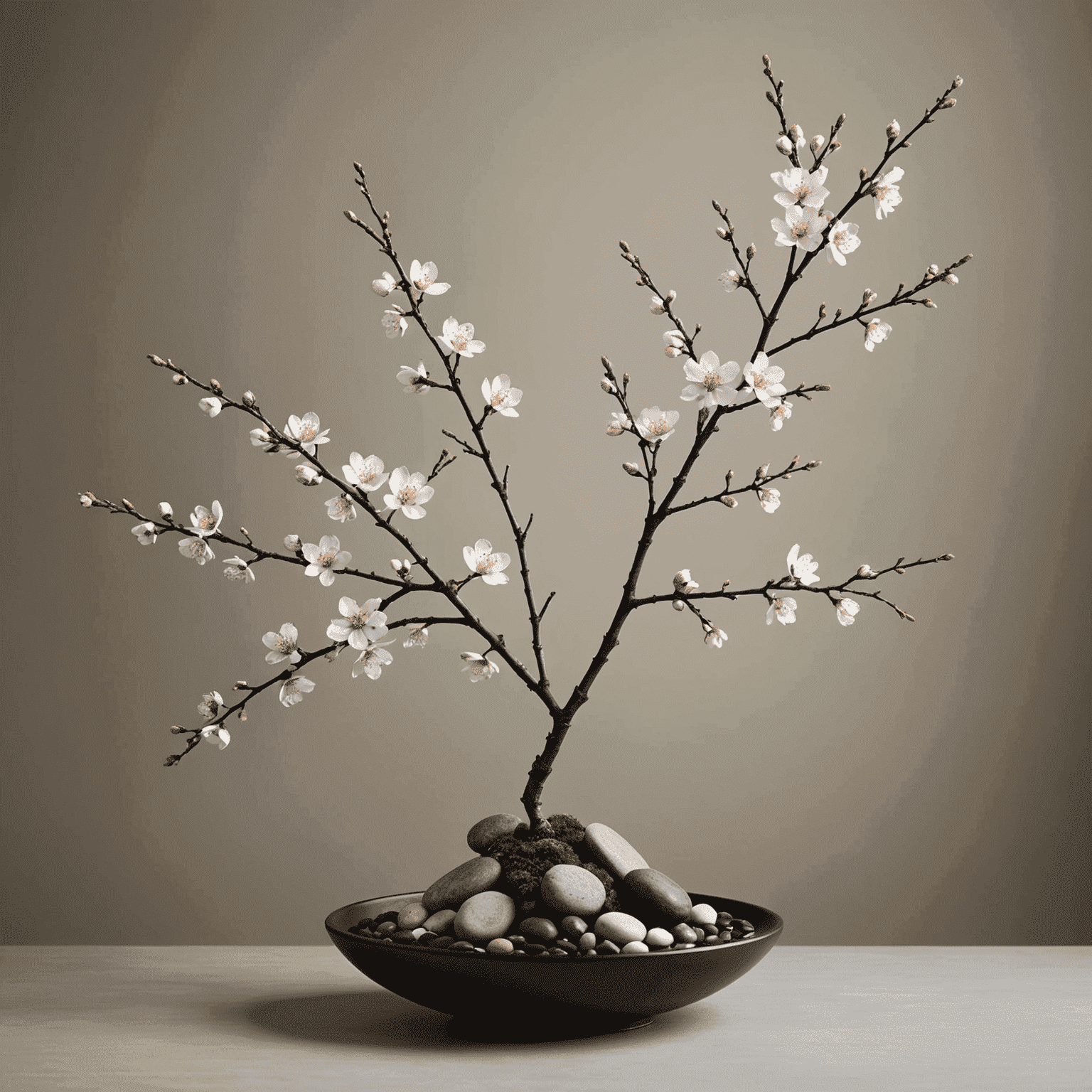 A simple and elegant Ikebana flower arrangement featuring a single branch with cherry blossoms and a few carefully placed stones in a low, wide vase