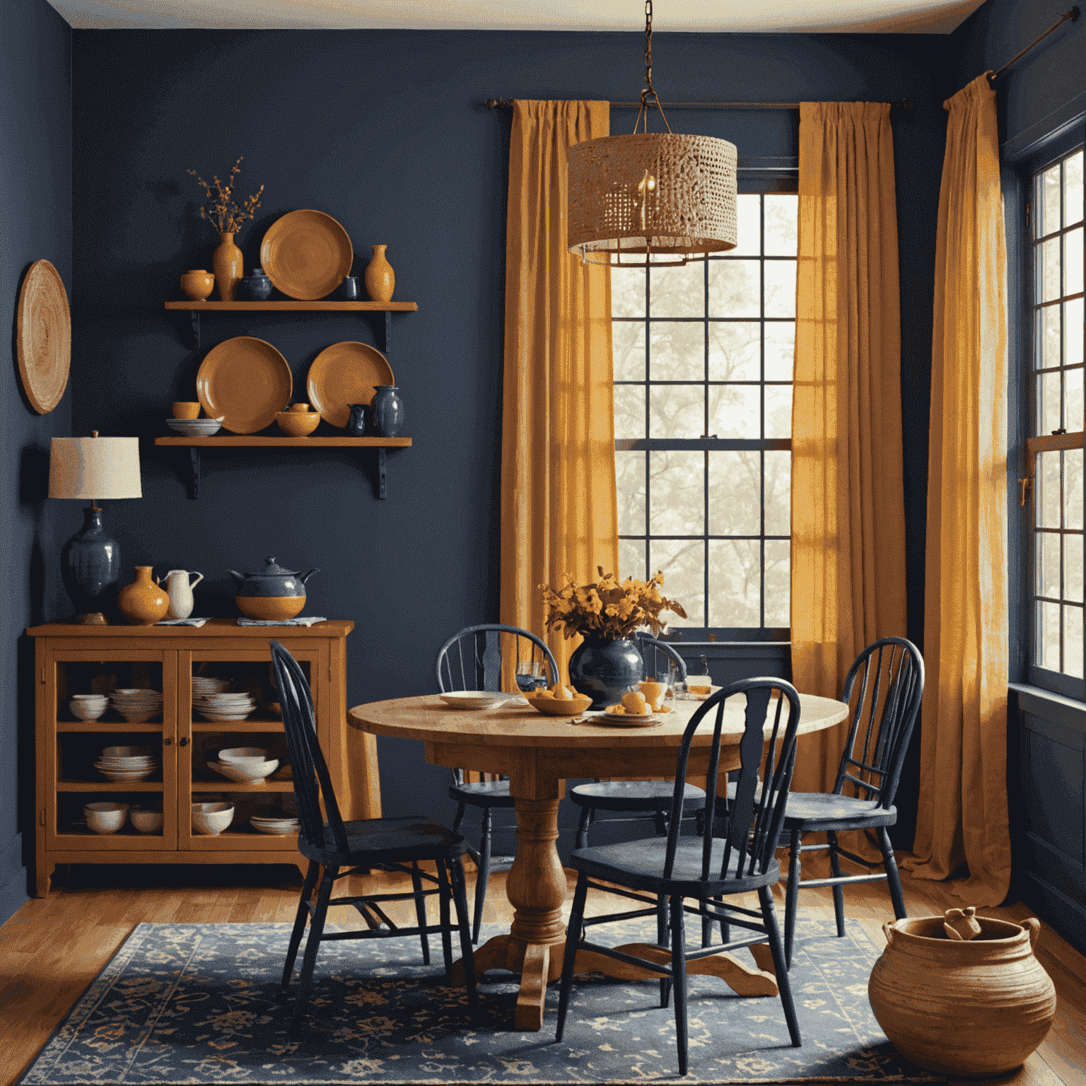 A dining room showcasing Indigo Traditions palette, with indigo feature wall, linen curtains, terracotta pottery, and yellow accents