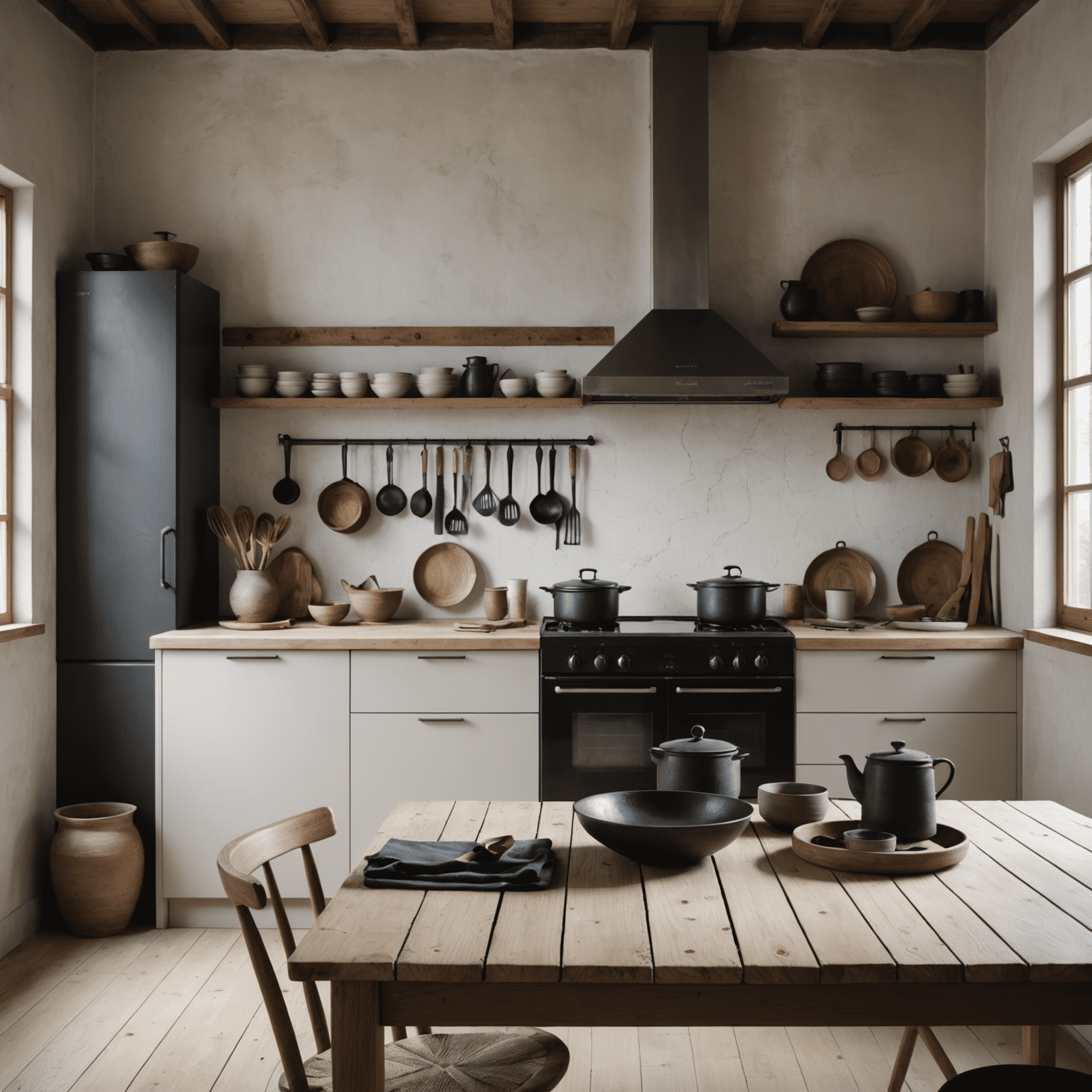 A minimalist kitchen with Wabi-Sabi Neutrals palette, featuring weathered wood, clay pottery, and a large charcoal ink painting