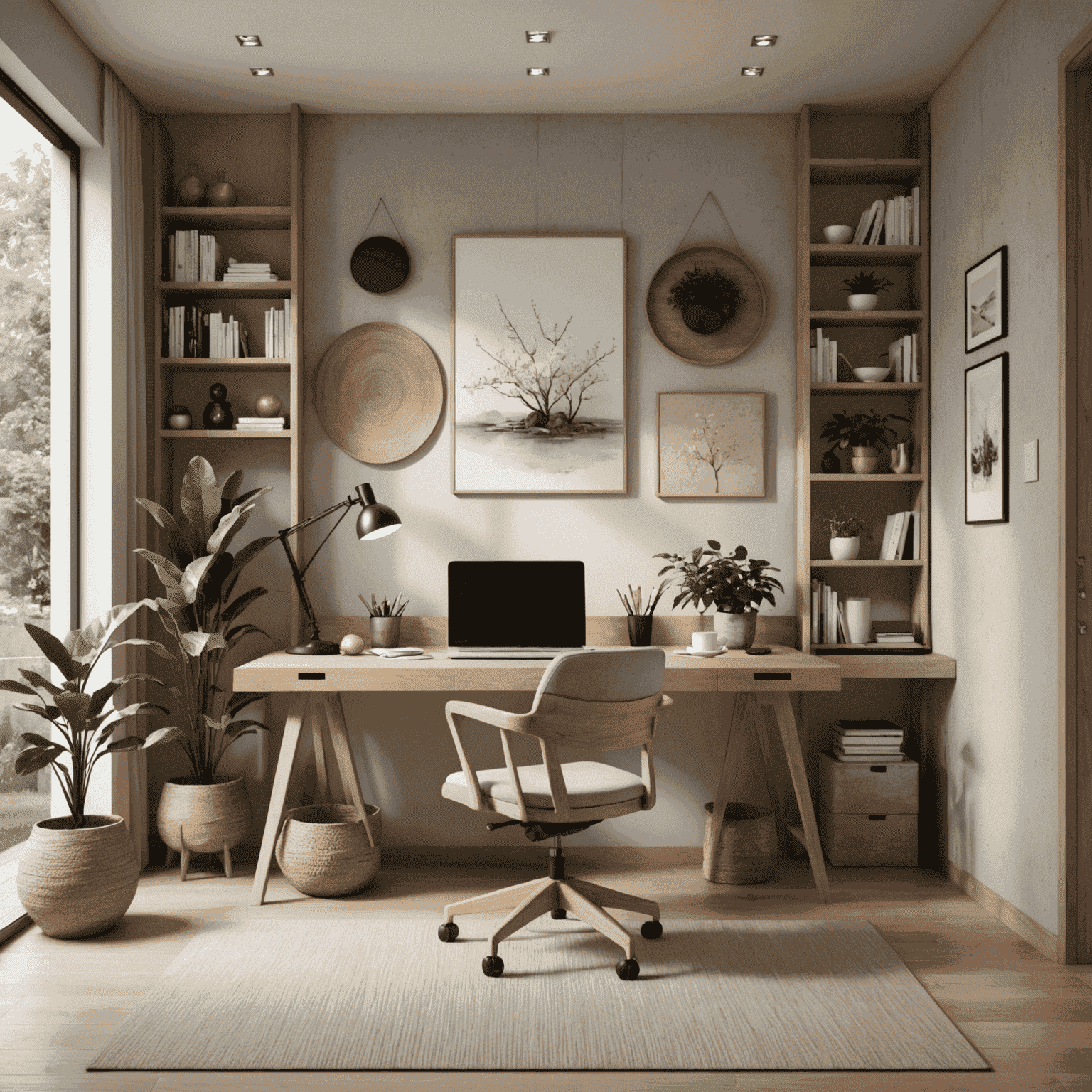 A serene home office space with a minimalist desk, a comfortable ergonomic chair, a small indoor zen garden, and natural materials like wood and stone creating a peaceful atmosphere.