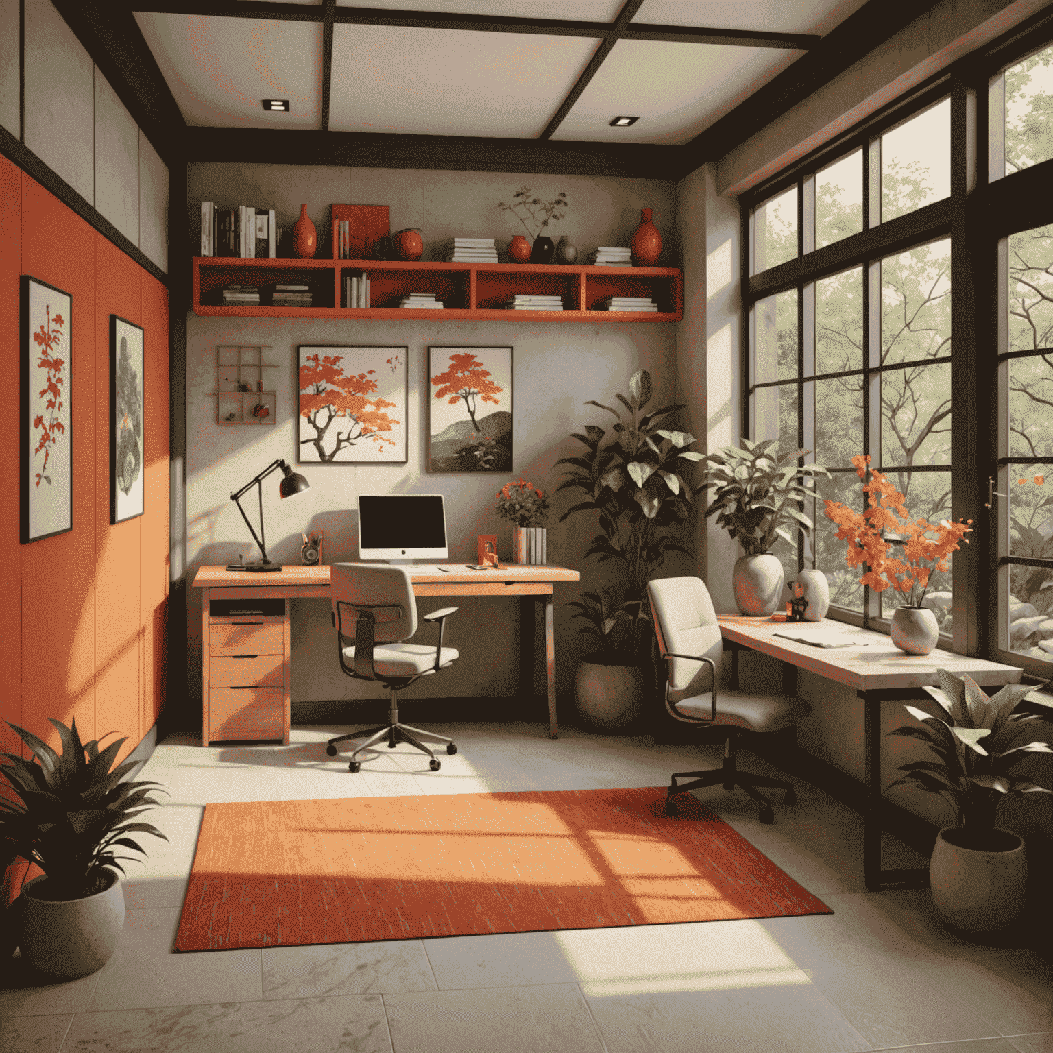 A study room inspired by Kyoto Garden palette, with red accents, green plants, stone-colored walls, and orange decorative elements